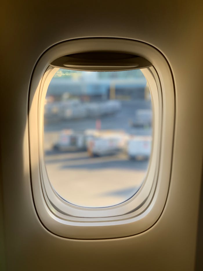 View from an airplane window overlooking the tarmac at Richmond Airport, BC, Canada.